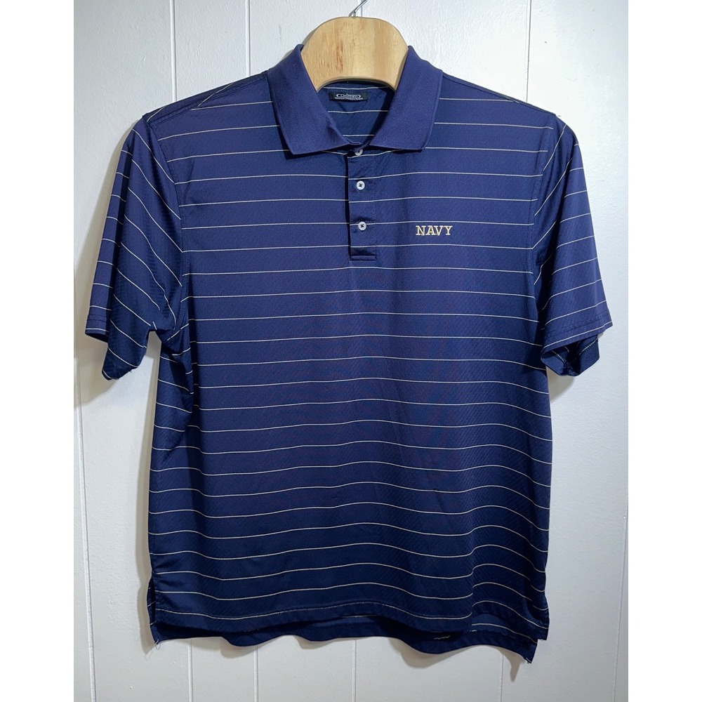 Divots Mens Navy Blue Striped Polo Shirt‎ DriWay Performance Navy Logo 1563